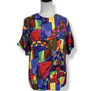 Vintage Bold Geometric Blouse Top‎ Size 12 Colorful Abstract Boxy Iconic 80s 90s